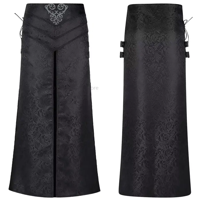 Jupe gothique slim à fente latérale pour hommes, style rock sombre steampunk mage cosplay rétro palais Jacquard polyester rouge