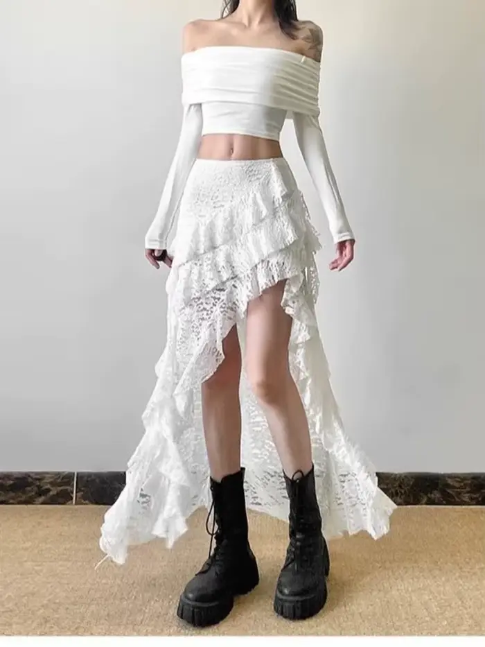 Jupe élégante en dentelle à volants pour femmes style bohème vintage tulle blanc asymétrique coréenne rue été jupes mi-longues superposées