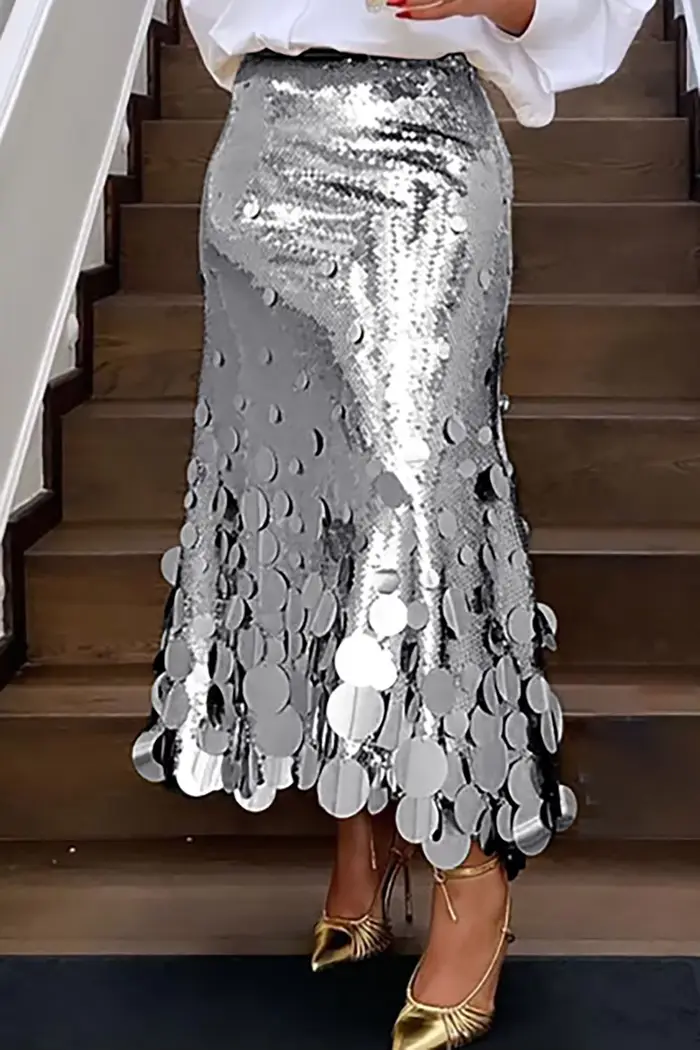 Grande taille femmes jupes formelles élégant or argent longue paillettes fête Club soirée