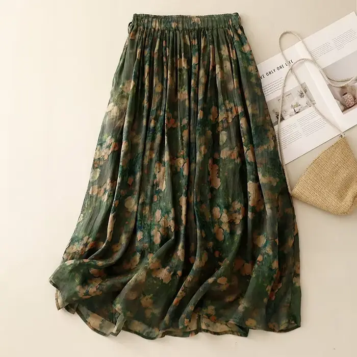 Jupes vintage en coton et lin pour femmes, vêtements coréens, taille haute, style chinois imprimé, n
