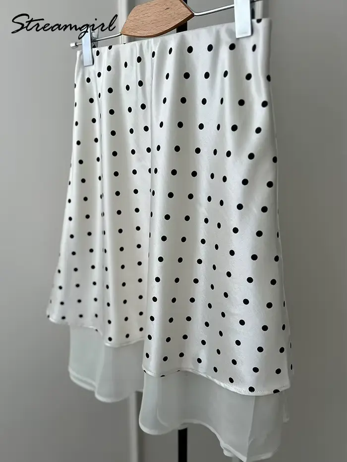 Jupe streagirl en satin à pois pour femme style vintage coupe trapèze mi-longue noir été office casual