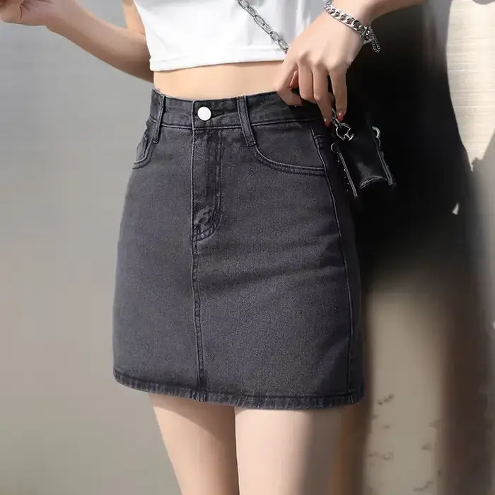 Mini jupe en jean taille haute avec poche pour femme, jupe en jean femme, courte, fermeture éclair, 