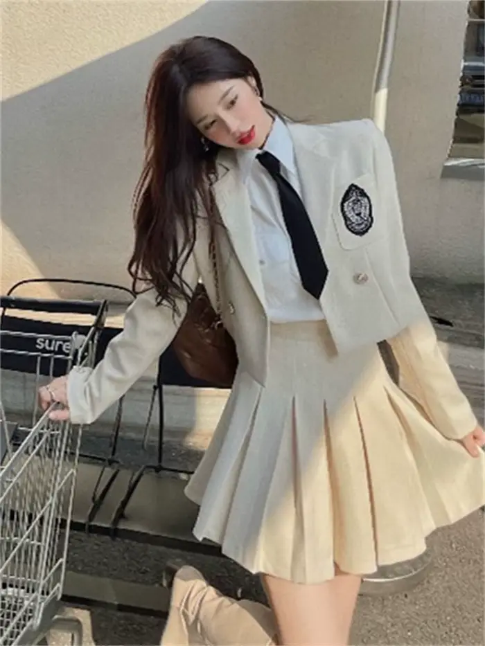 Xgoth Style Preppy jupe ensemble dames Blazer costume + chemise unie avec cravate + taille haute