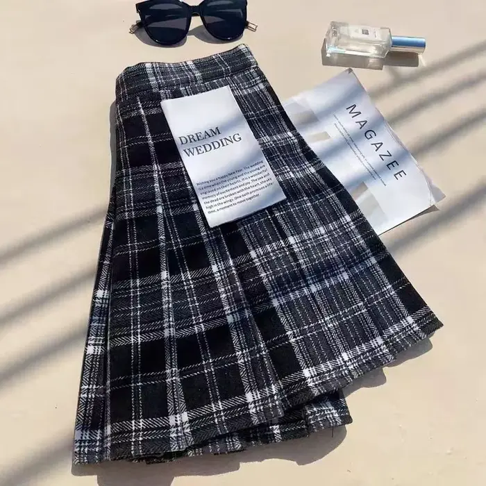 Jupes plissées en laine à carreaux pour femmes automne hiver taille haute Preppy chaud Mini jupes da