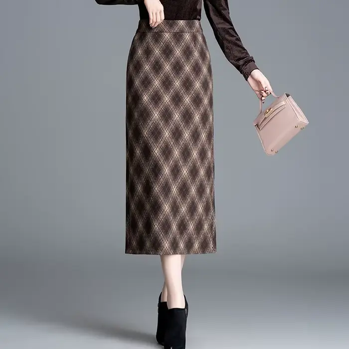 ZUZK automne hiver grille jupe droite pour les femmes nouveau Style élastique taille haute minceur Tube fente une étape