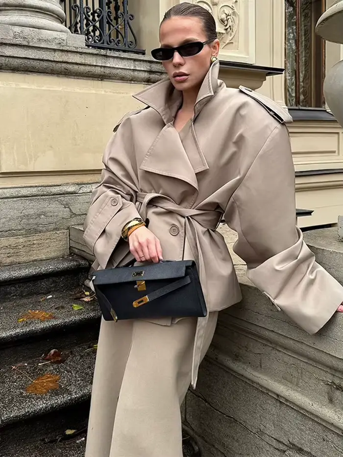 Trench court à lacets pour femmes kaki vintage col rabattu épaulettes manches longues chic vestes printemps été