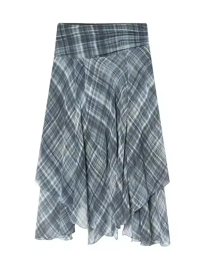 Jupe longue plissée bleue à carreaux pour femme, taille haute, coupe trapèze, ourlet asymétrique, te