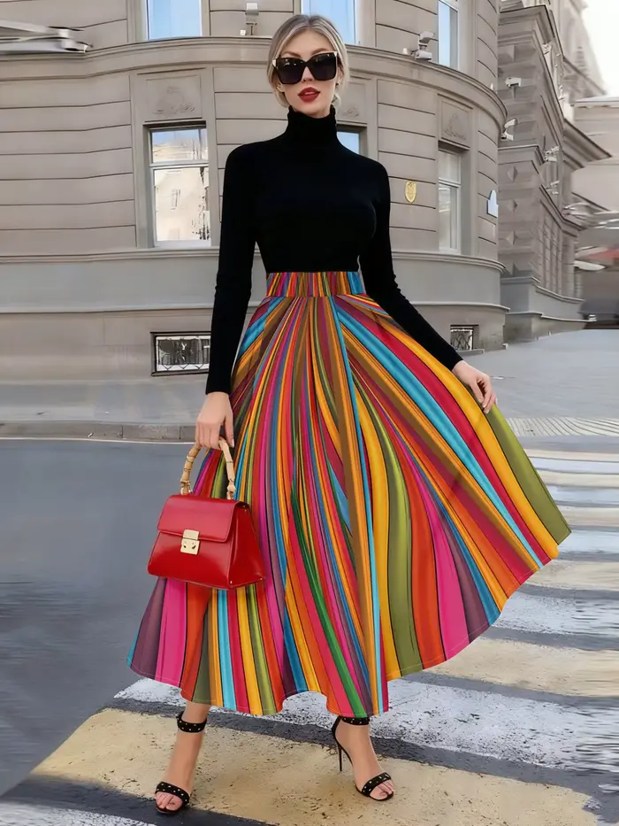 Jupe midi à rayures verticales arc-en-ciel pour femme