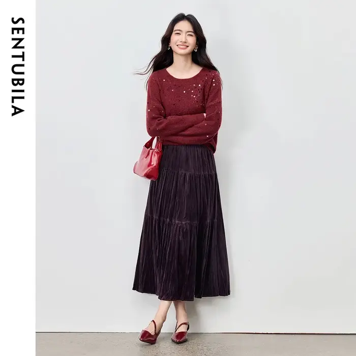 Jupe en velours Sentubila pour femme, élégante jupe à volants, automne-hiver 2026, polyester doux, taille élastique, design moderne, coupe ample trapèze, idéale pour le bureau et les soirées chic