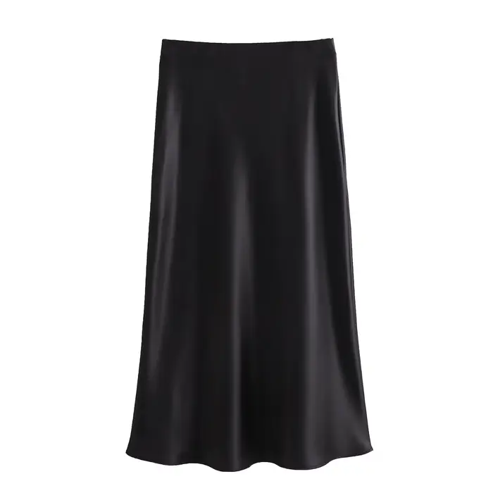 KONDALA élégant Satin mince Midi solide jupe femmes élastique taille haute a-ligne décontracté femme