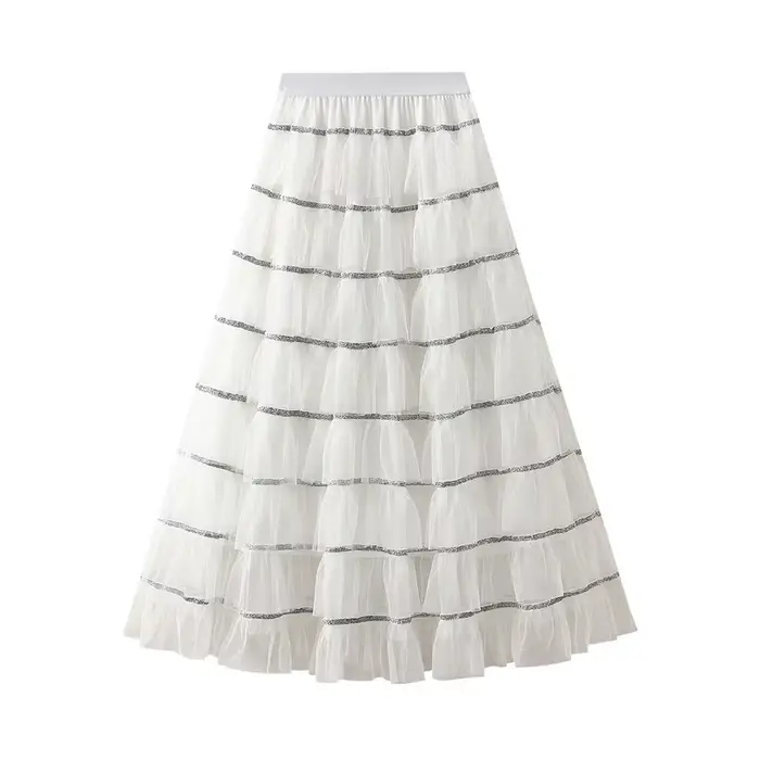 Sous-jupe en fil superposé de couleur unie pour femmes, taille haute, jupe en gaze de couleur contra