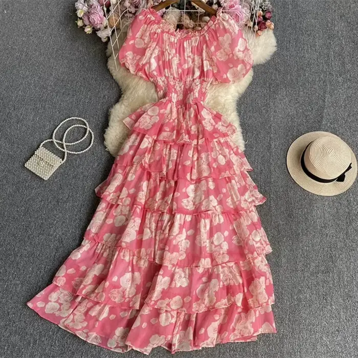 Robe longue à volants imprimé floral pour femme manches bouffantes col carré coupe trapèze été vacances occasions spéciales