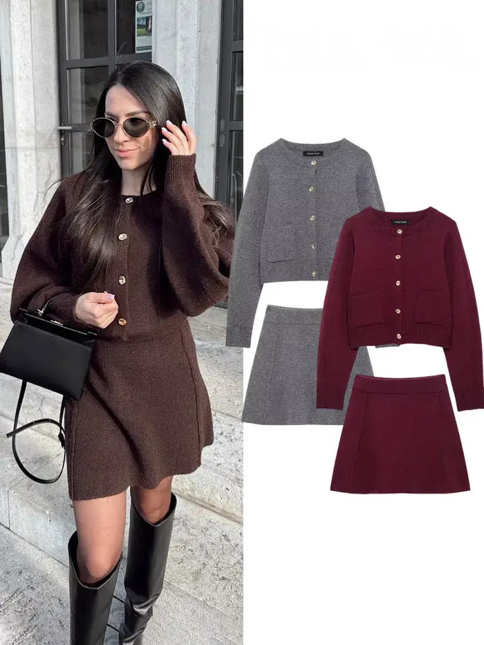 HH femmes jupe costume Chic col rond tricoté à manches longues simple boutonnage poche Cardigan + mode taille élastique