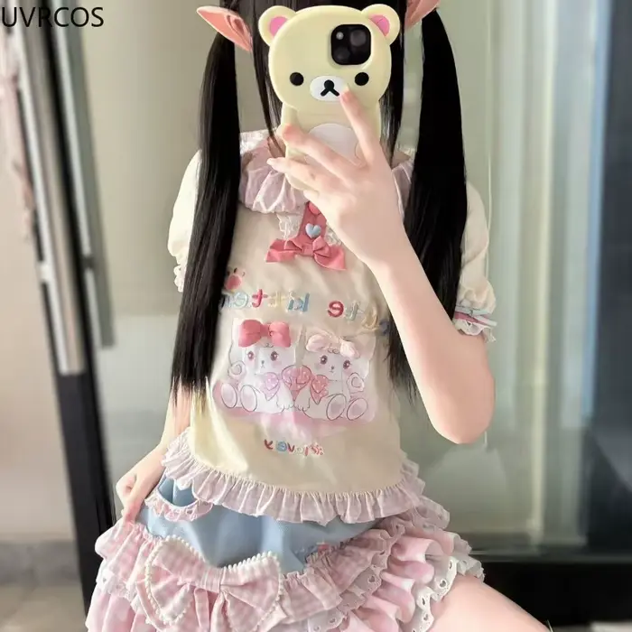 Ensemble jupe Harajuku Y2k style Lolita japonais Kawaii pour femmes avec t-shirt imprimé chat et jupe gâteau mini pour occasions spéciales et quotidienne
