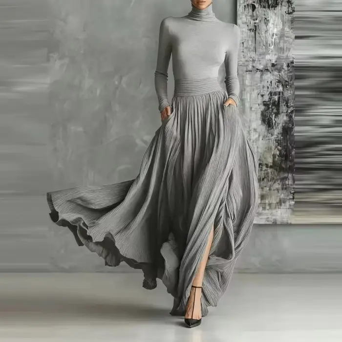 France élégant deux pièces jupe ensemble pour femmes poches solide minimaliste ourlet fendu plissé une ligne Vintage col roulé mince costumes