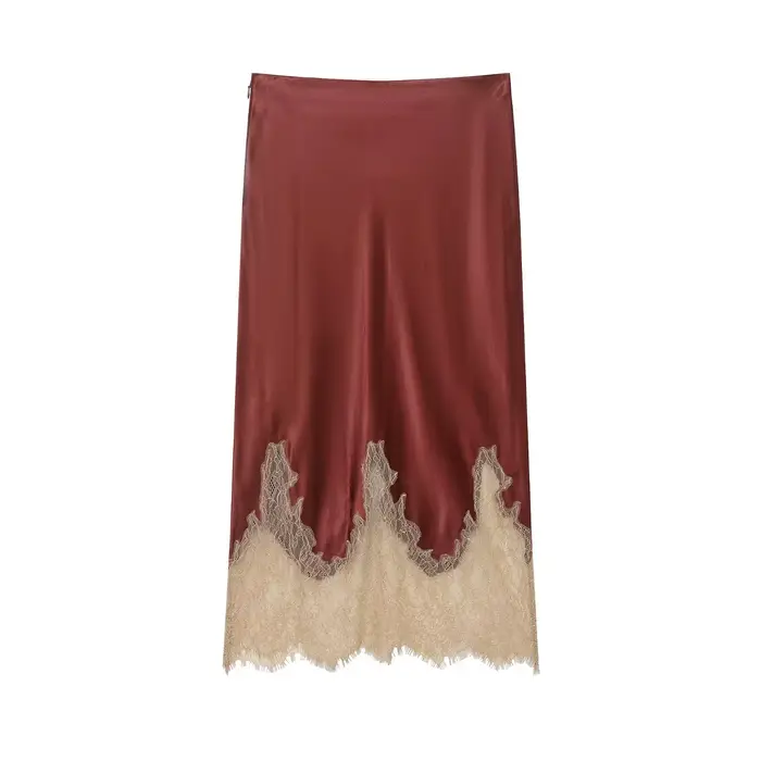HH femmes mode dentelle décoration côté fermeture éclair jupe longue taille haute ample Satin Textur