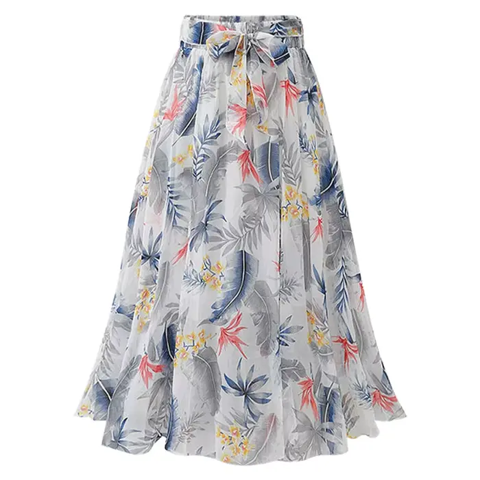 Jupe longue en mousseline florale d'été pour femme, taille haute, avec nœud, coupe trapèze, mi-longu