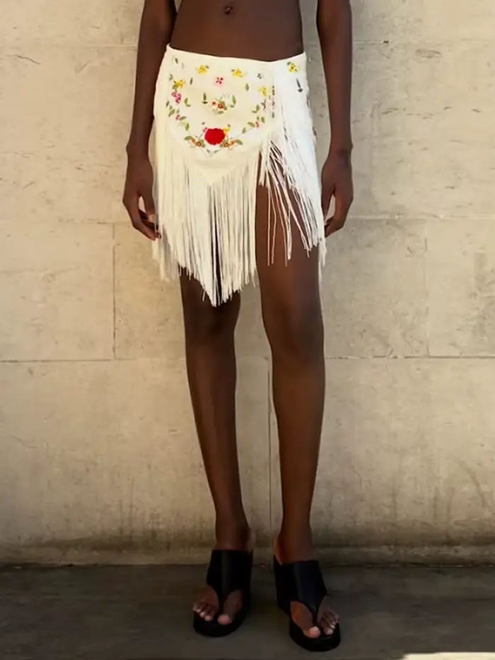 Jupe courte asymétrique à broderies et franges pour femme, sexy, taille mi-haute, ourlet irrégulier,