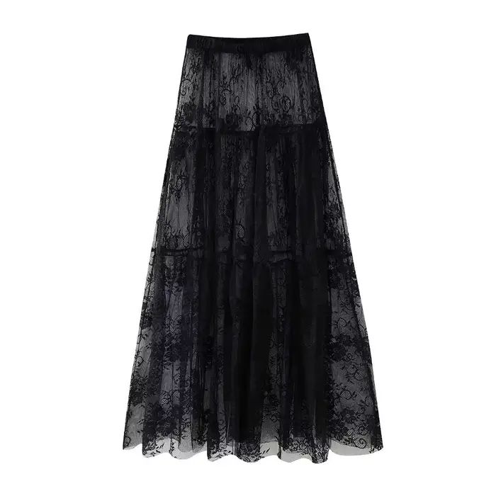TRAF-Jupe mi-longue taille haute en maille de dentelle noire pour femme, jupe longue en tulle, trans