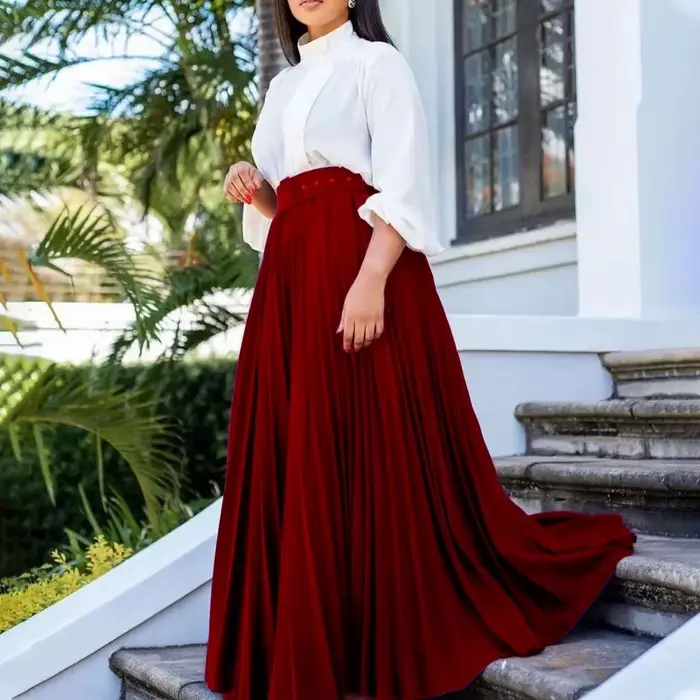 Jupe plissée personnalisée pour femmes, polyester, longueur cheville, silhouette empire, ajustement lâche, matériau facile à entretenir, occasions spéciales et tous les jours
