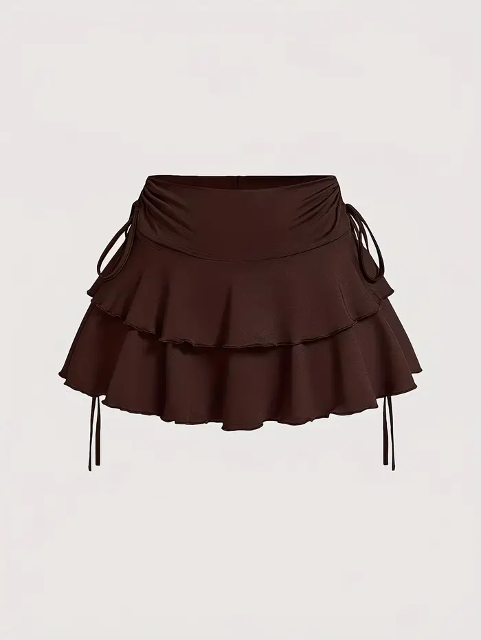 Jupe-short polyvalente à volants superposés pour femme - Jupe évasée décontractée à taille haute avec cordon de serrage