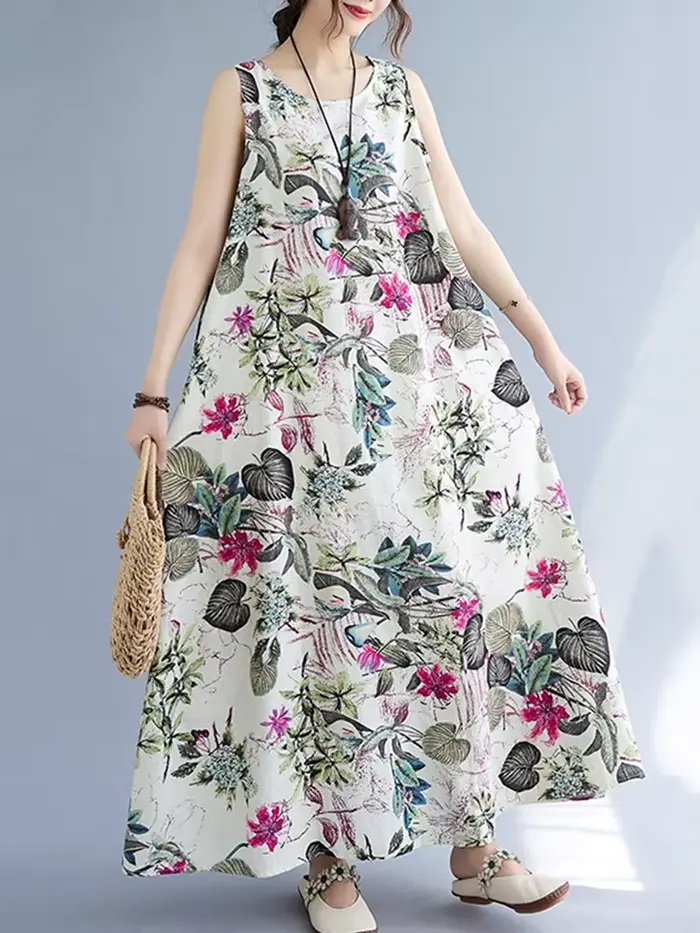 Robe longue décontractée maxi sans manches en coton et lin, motif floral vintage, nouvelle collectio