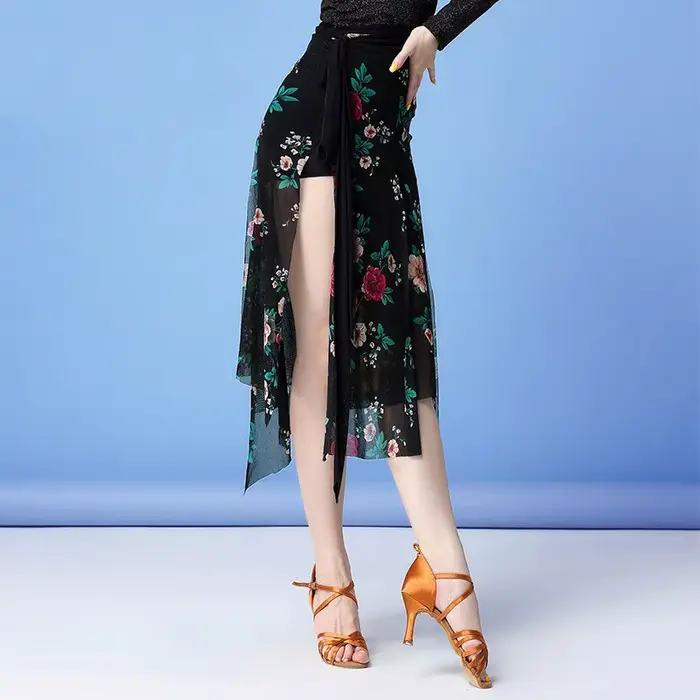 Jupe de danse latine en polyester imprimé floral coloré pour femmes, jupe de danse de salon, tango, salsa, danse de ventre, occasion spéciale