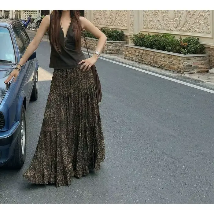 Vintage Leopard Print Skirt High Waist A-shaped Skirt