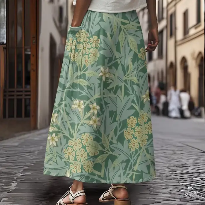 Jupe Maxi style Boho Chic, surdimensionnée, imprimé devant la paume, poches latérales, jupe de vacan