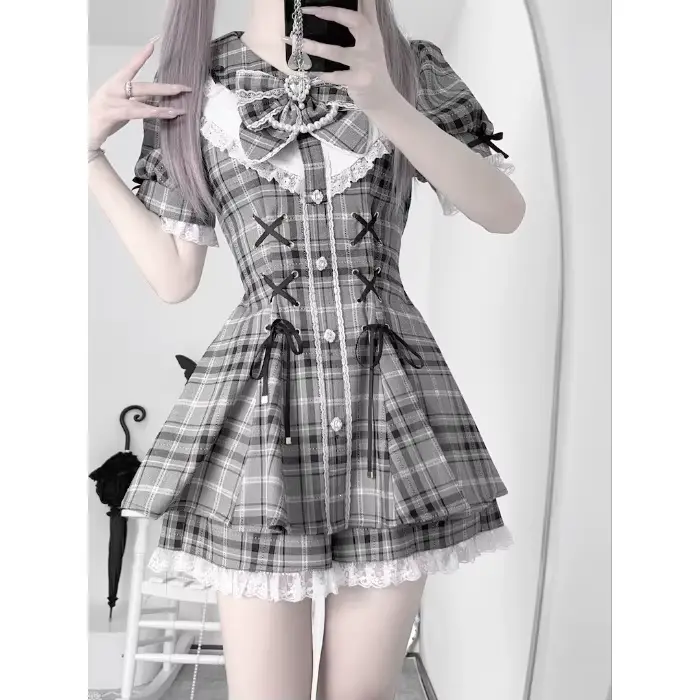 Robe Lolita style Jirai Kei Kawaii avec nœud pour femme, jupe Y2K noire et rose, tenue à manches cou