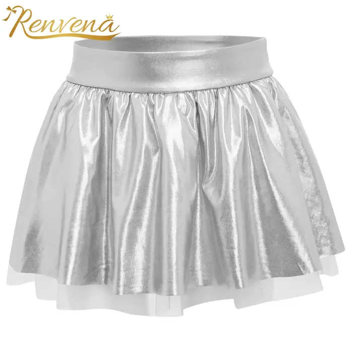 Jupe tutu métallique Renvena pour filles, mini jupe disco, silhouette élégante, ajustement élastique, volants, polyester, danse de spectacle, compétitions, soirées entre amis