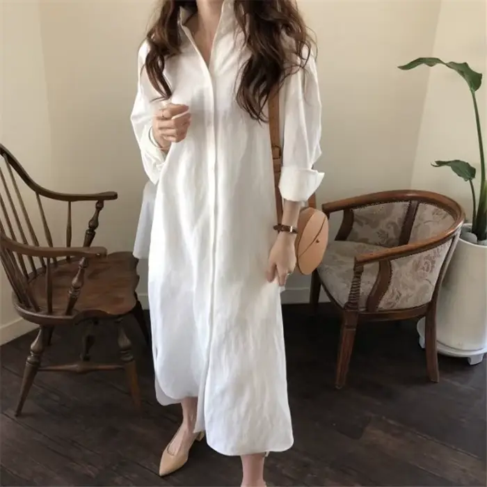 Robe chemise longue pour femmes, Style paresseux coréen, Simple, polyvalente, longue au dessus du ge