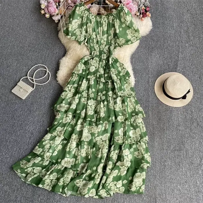 Robe longue à volants imprimé floral pour femme manches bouffantes col carré coupe trapèze été vacances occasions spéciales
