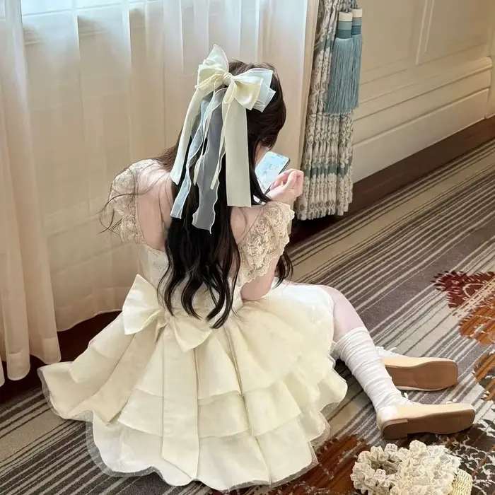Jupe courte style princesse avec nœud papillon et manches bouffantes design taille haute amincissant robe trapèze fraîche et élégante été polyester pour femmes occasions spéciales