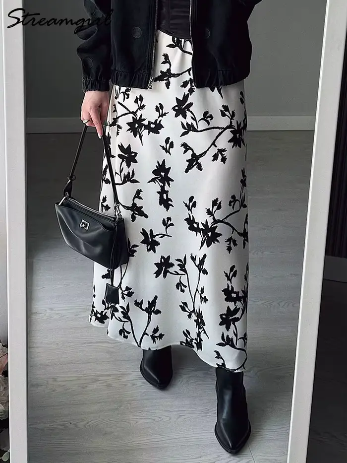 Vintage imprimé jupes femmes longue une ligne Satin