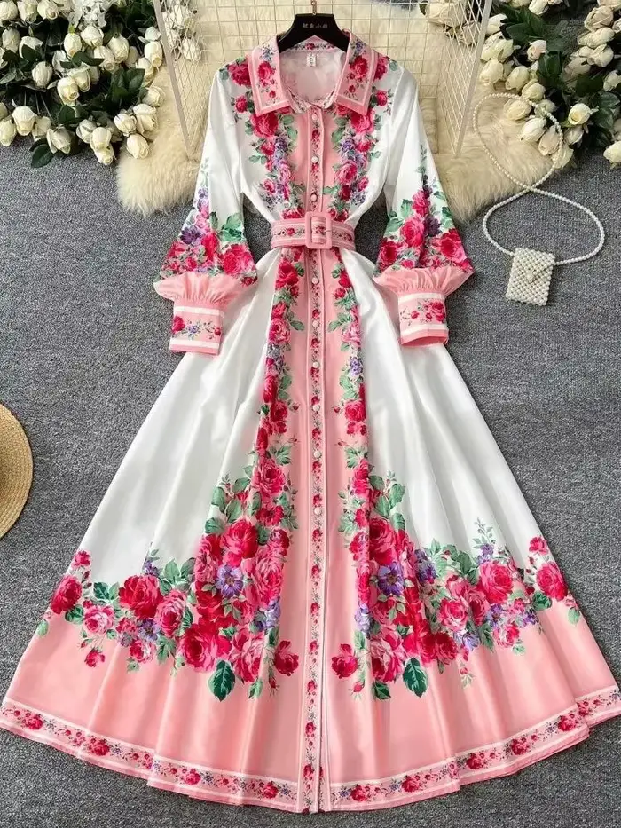 Robe maxi bohème à manches longues lanterne pour femmes