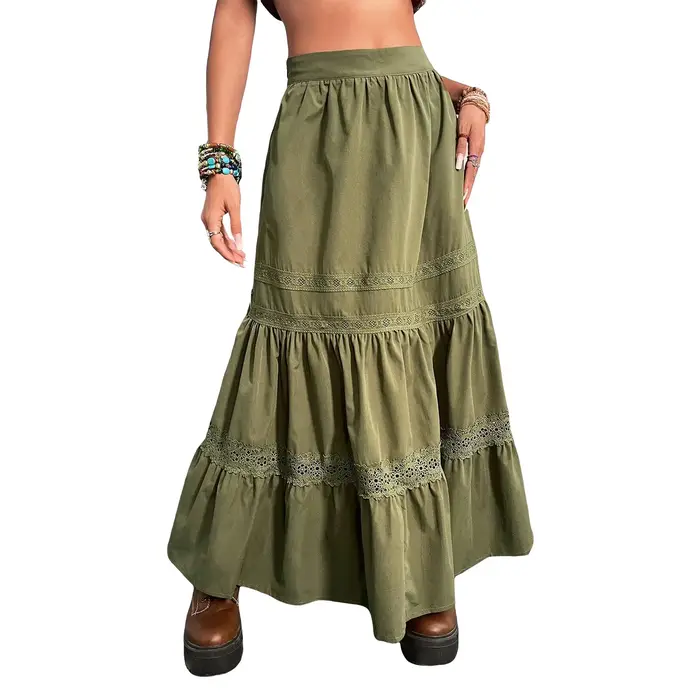 Jupe longue plissée asymétrique en dentelle pour femmes, mode vintage, bohème, asymétrique, fluide,