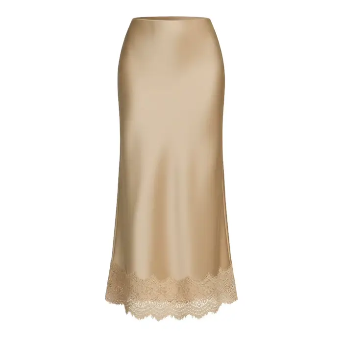 Jupe droite pour femme, taille haute élastique, en satin de soie et dentelle, jupe midi élégante pou
