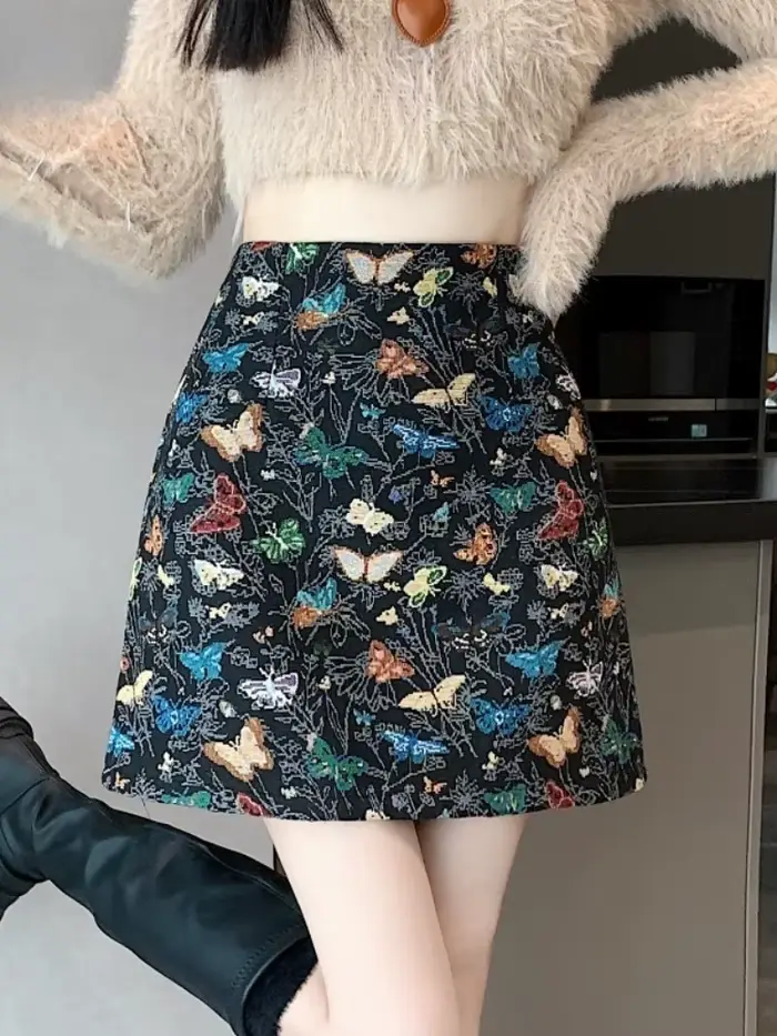 Jupe Jacquard brodée de papillons pour femme