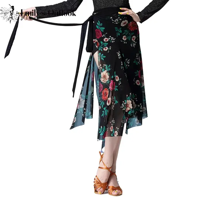 Jupe de danse latine en polyester imprimé floral coloré pour femmes, jupe de danse de salon, tango, salsa, danse de ventre, occasion spéciale