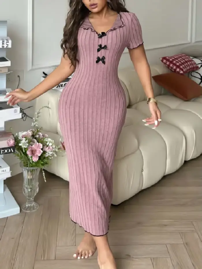 Robe longue élégante, confortable, ample et douce pour femmes, couleur unie, col en V, avec nœud, vê