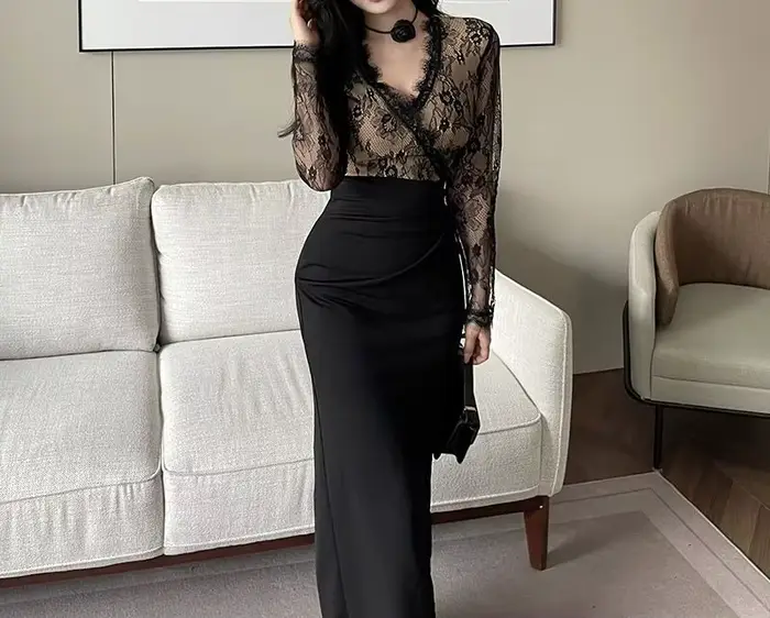 Robe noire en dentelle patchwork à manches longues pour femmes automne hiver 2025 élégante à offrir pour bureau et soirées