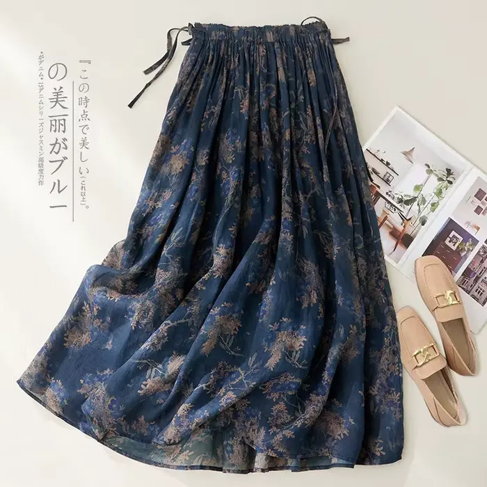 Jupe taille haute en coton et lin pour femmes