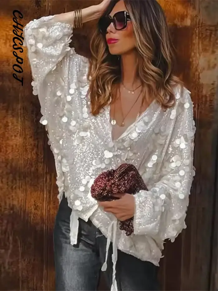 Nouveaux hauts amples à lacets et sequins pour femmes