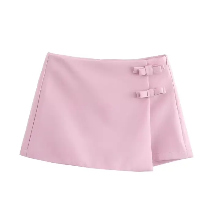 Mini jupe rose blanche avec nœud papillon pour femme, courte fendue, taille haute, été 2025
