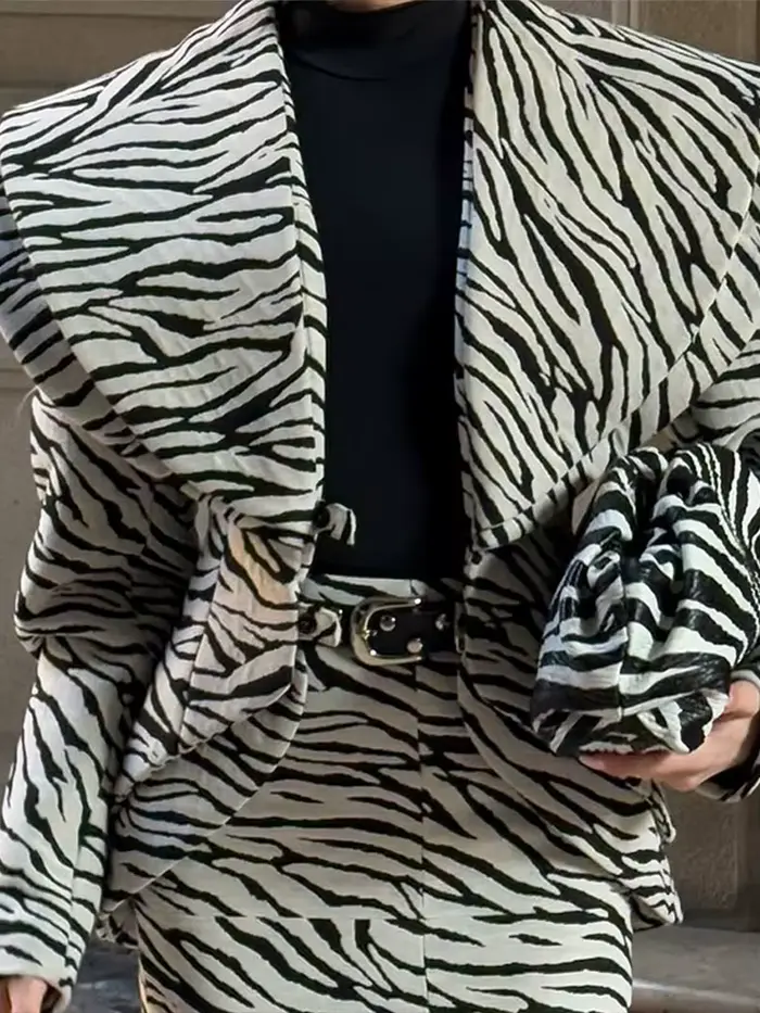 Mode zèbre imprimé profond-V veste jupe ensemble femmes revers complet Seeve cintré taille manteau mince