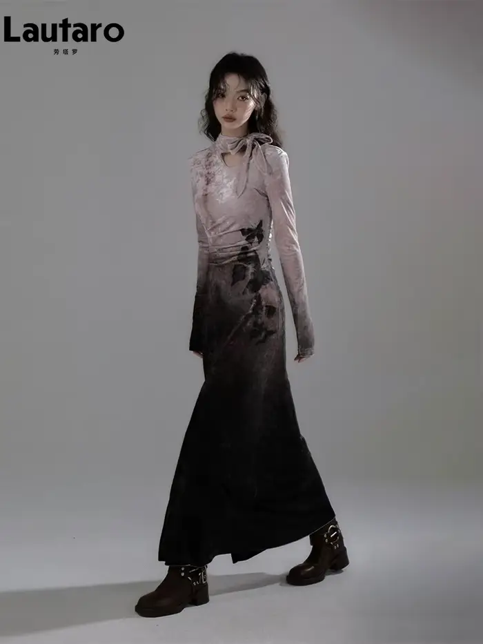 Lautaro printemps longue colorée soirée robes mi-longues femme avec fente haute élégant luxe dégradé