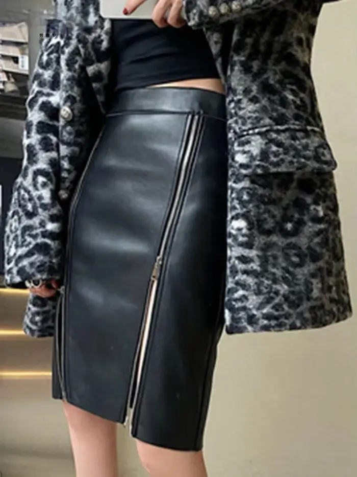 Jupe mi-longue Vintage en Faux cuir noir pour femmes