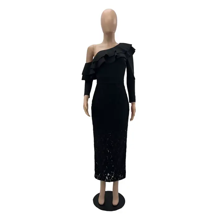 Robe longue sexy en dentelle à volants irréguliers pour femme