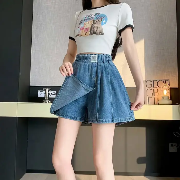 Jupe-short en jean à taille élastique effet deux pièces pour femme coupe ample taille haute été 2026 occassions spéciales femmes